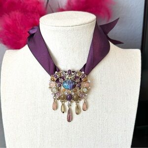 Trifari Multicolor Stone Purple Ribbon Statement Necklace